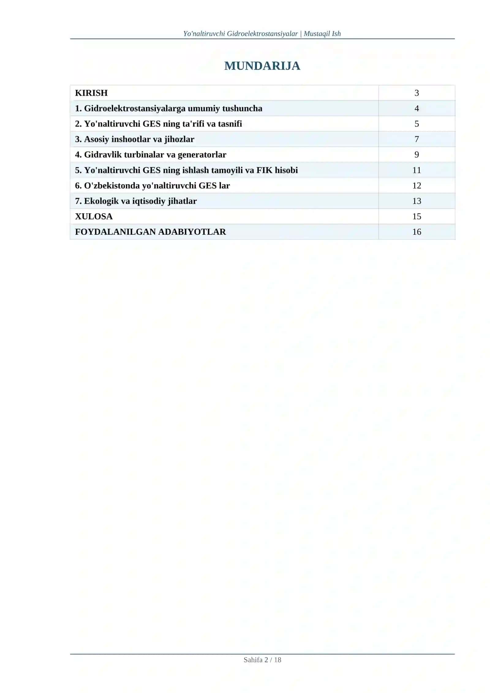Issiqlik texnikasi va Gidroenergetika fanidan "Yo'naltiruvchi Gidroelektrostansiyalar' mavzusida mustaqil ish 2