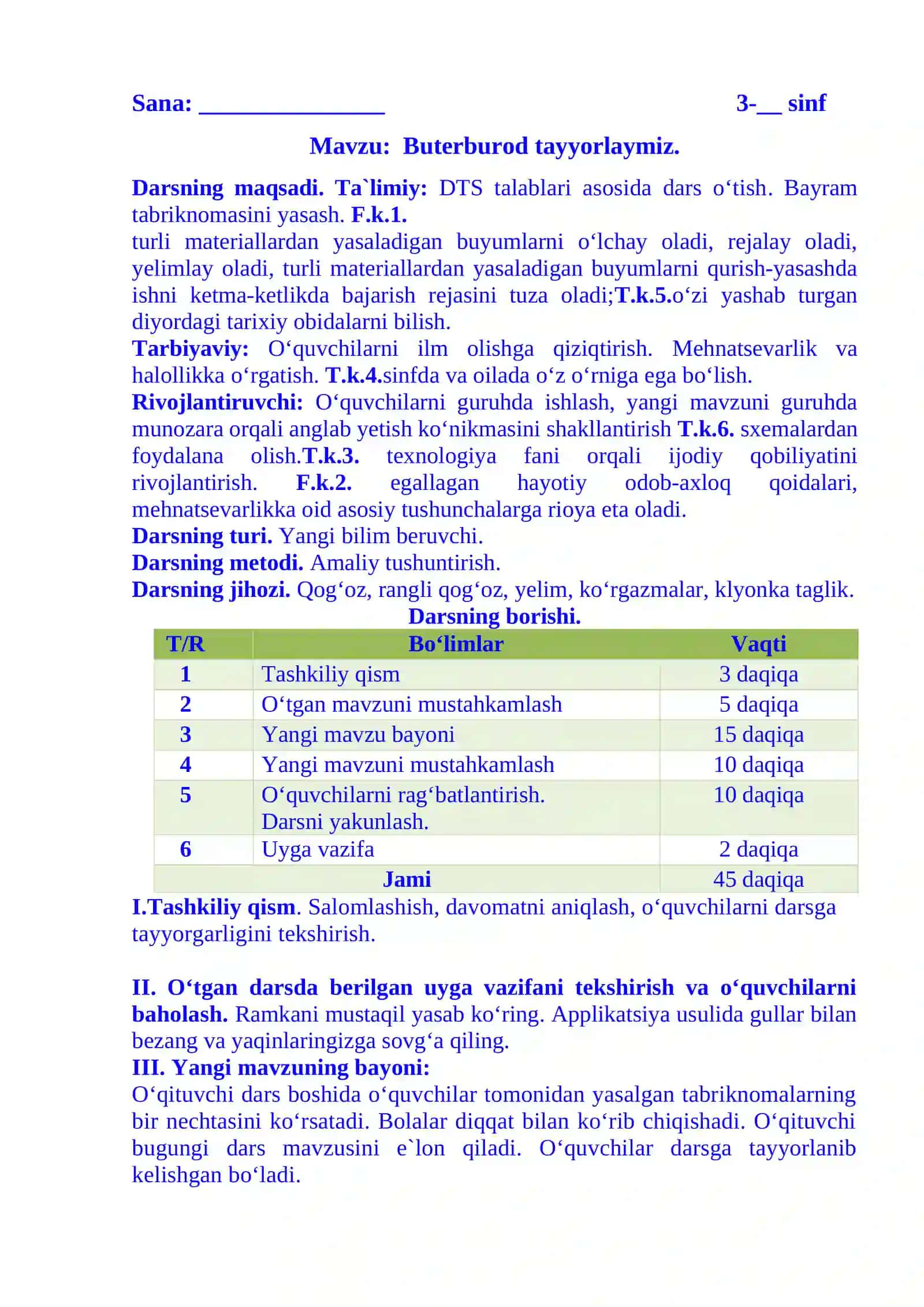 3-sinf Texnologiya fanidan Buterburod tayyorlaymiz 3-chorak dars ishlanmasi 2