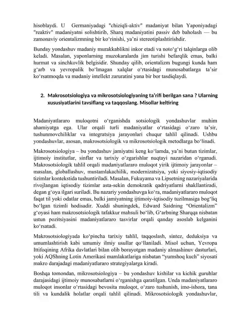 Madaniyatlararo muloqot fanidan 25 ballik savollar toʻplami javoblari bilan. 2