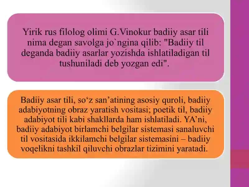 Badiiy asar tili, xususiyatlari (badiiy asarlar timsolida) 2