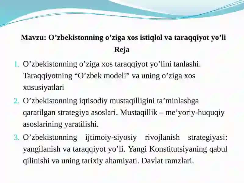 O’zbekiston RESPUBLIKASI OLIY VAO’RTA MAXSUS TA’LIM VAZIRLIGINAMANGAN MUHANDISLIK-QURILISH INSTITUTI«IJTIMOIYFANLAR»KAFEDRASIO’ZBEKISTONNING ENG YANGITARIXI 2