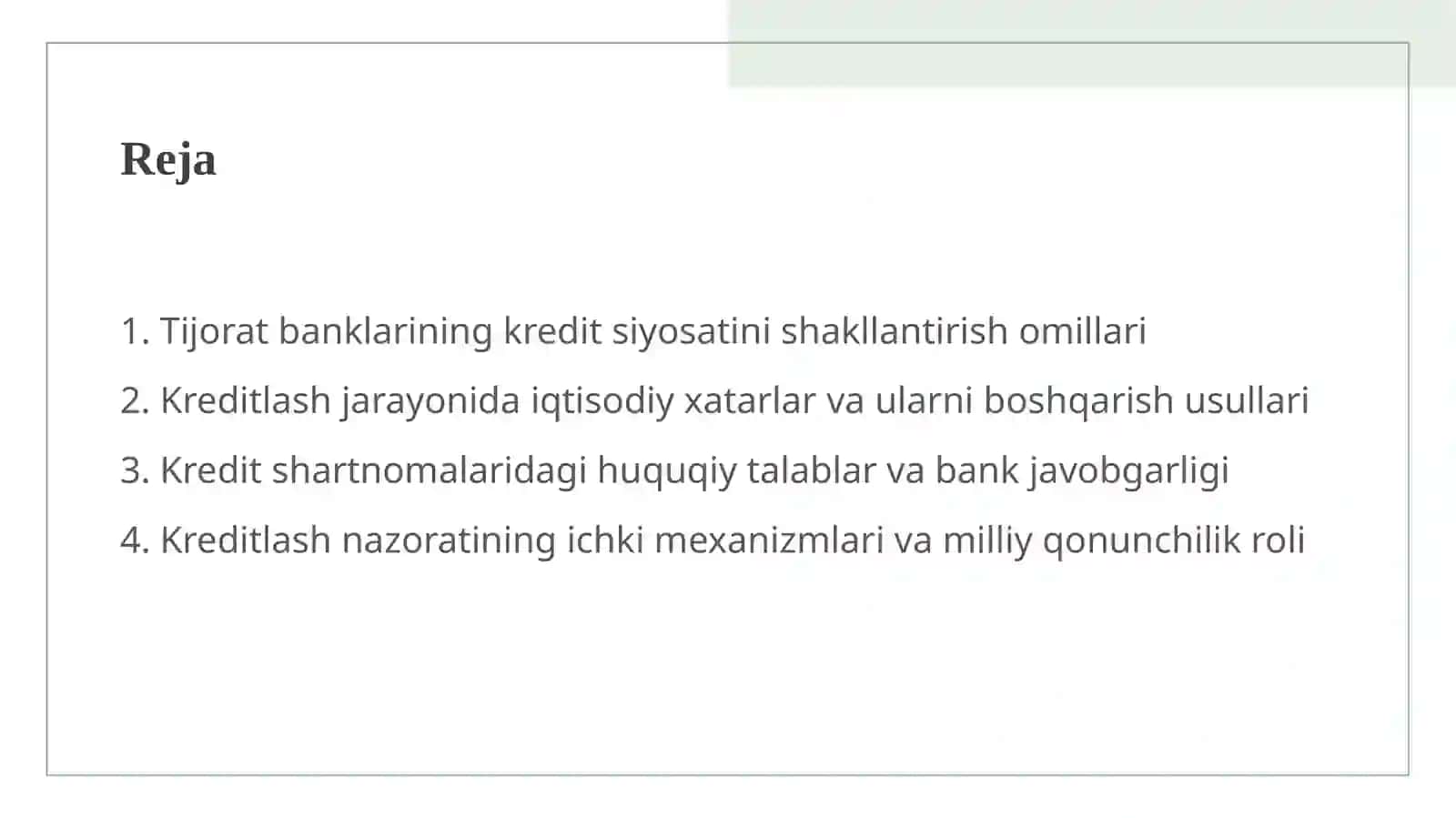 Tijorat banklarida kreditlashni tashkil etishning iqtisodiy va huquqiy asoslari 2