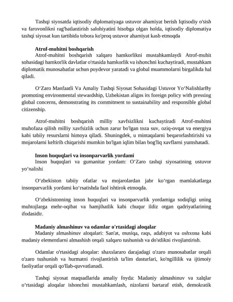 OʻZaro Manfaatli Va Amaliy Tashqi Siyosat Sohasidagi Ustuvor YoʻNalishlar 2