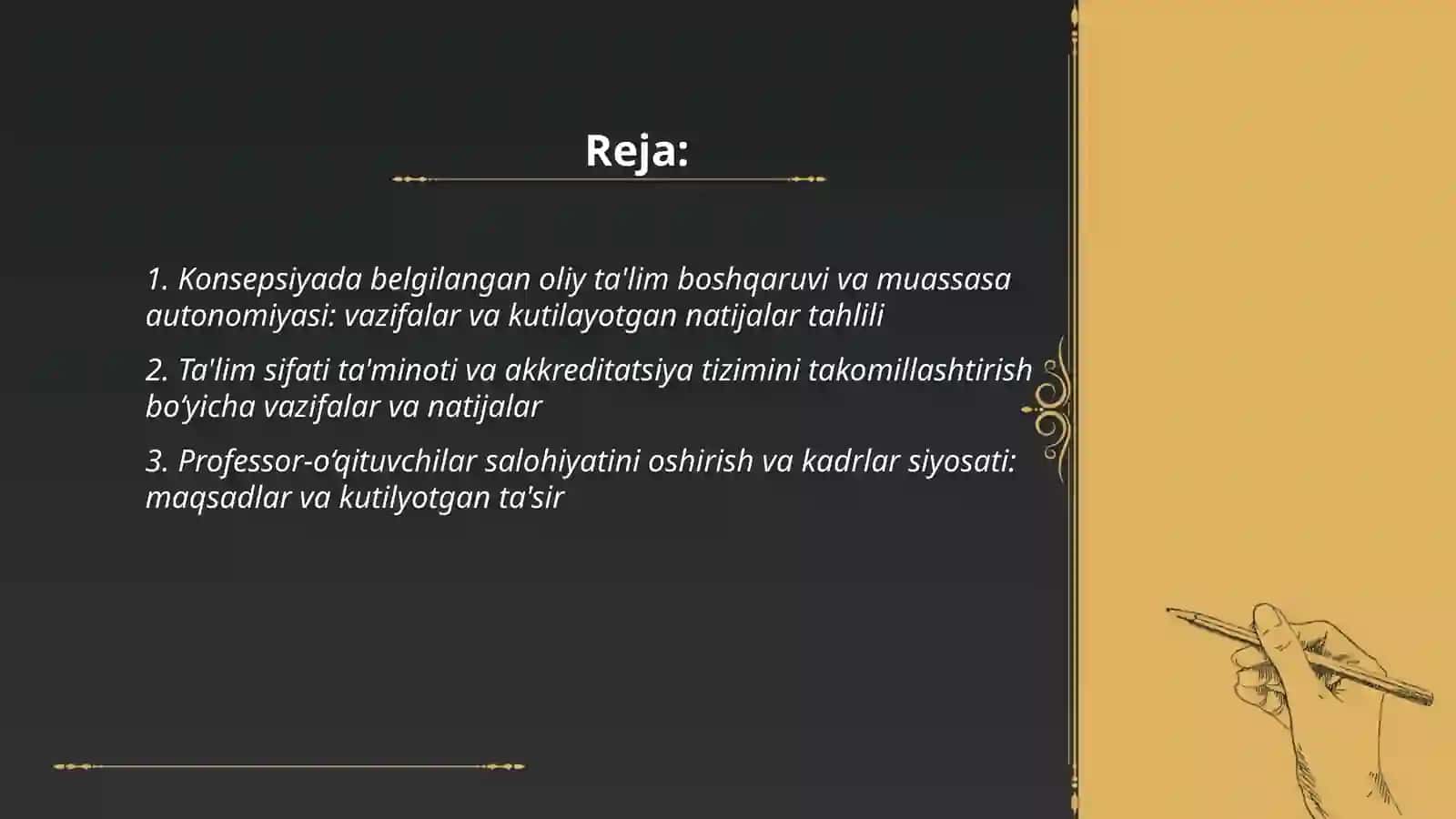 Oʻzbekiston respublikasi oliy ta'lim tizimini 2030 yilgacha rivojlantirish konsepsiyasida belgilangan vazifalar va kutilayaotgan natijalar tahlili 2