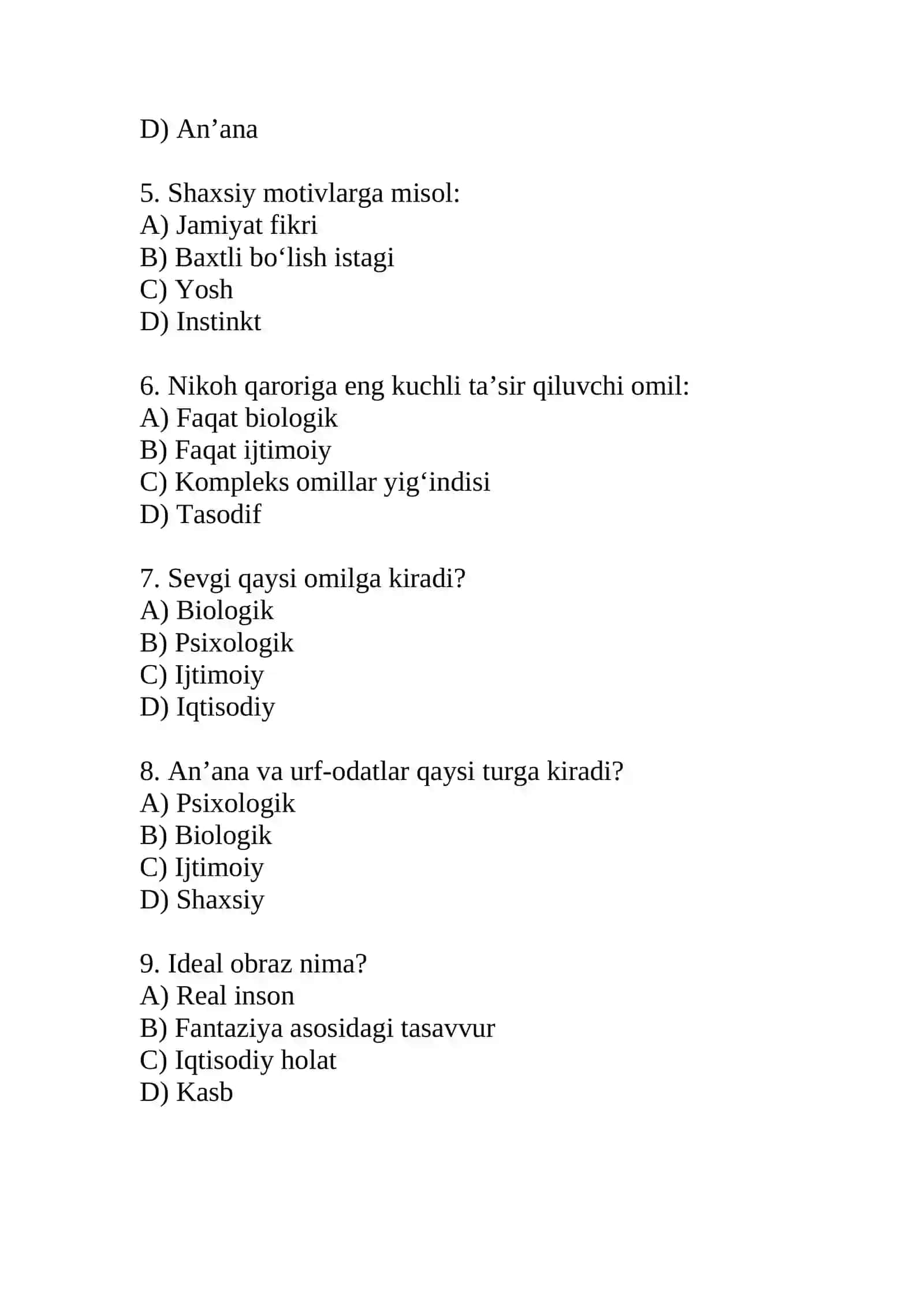 Nikoholdi motivlarining ijtimoiy-psixologik xususiyatlari mavzusi asosida tayyorlangan test 2