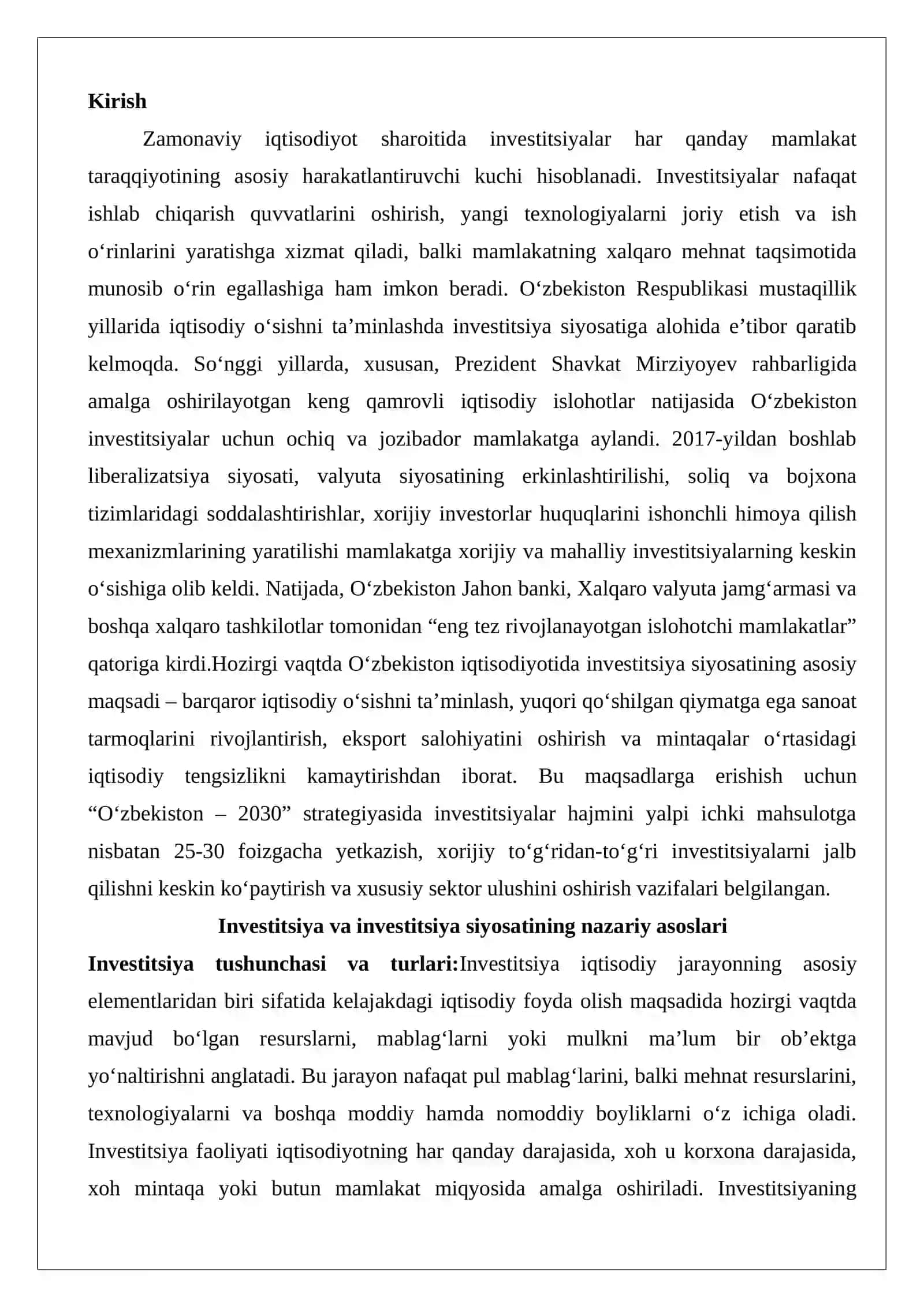 O‘zbekiston iqtisodiyotida investitsiya siyosati va investitsiyalar 2