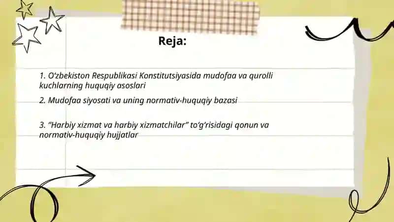 Oʻzbekiston respublikasining harbiy faoliyatdagi huquqiy asoslari 2