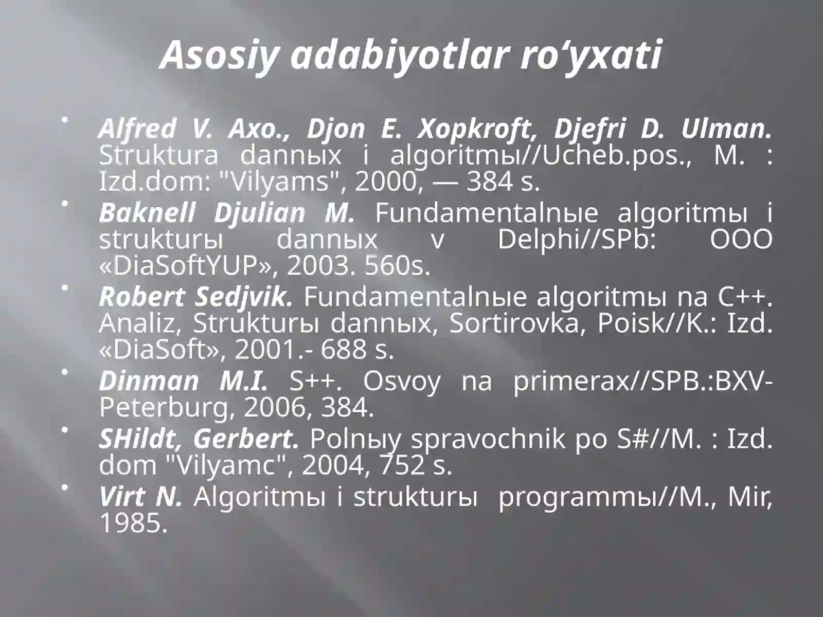 “Ma’lumotlar tuzilmasi va algoritmlar” fanining maqsadi va vazifasi. 2