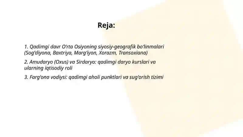 Qadimgi davr Oʻrta Osiyo tarixiy geografiyasi 2