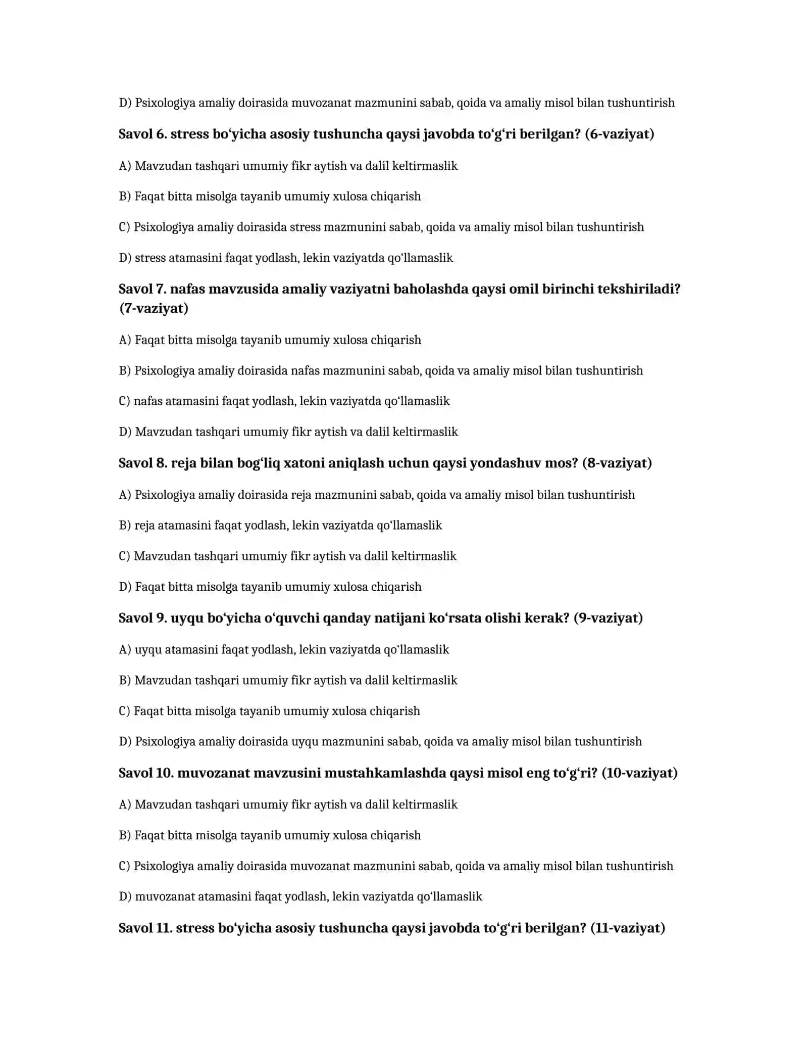 Stress boshqaruvi va emotsional barqarorlik — 100 test 2