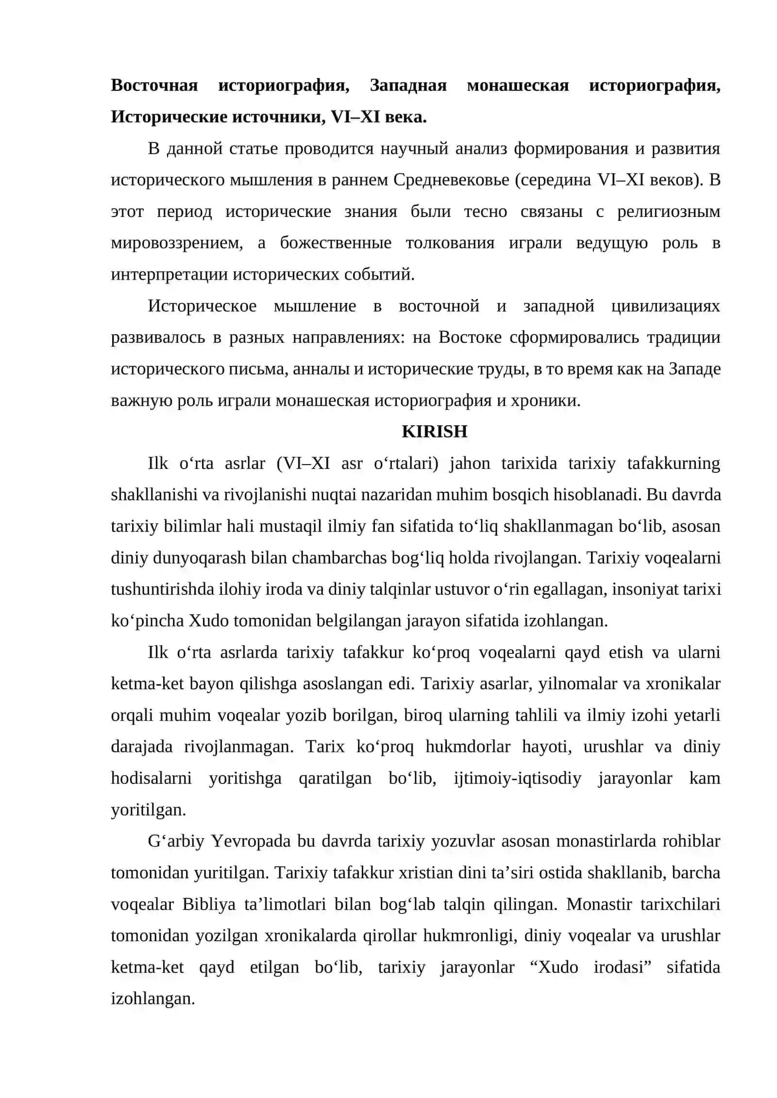 ILK O‘RTA ASRLARDA TARIXIY TAFAKKURNING HOLATI (VI - XI ASR O‘RTALARI) TARIXIGA OID ILMIY TADQIQOTLAR 2