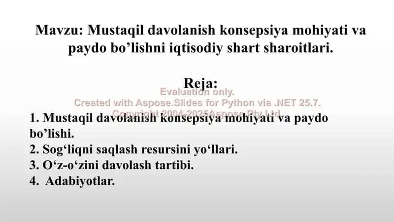 4. Mustaqil davolanish konsepsiya mohiyati va paydo bo’lishni iqtisodiy shart sharoitlari. Taqdimot, 12 bet. 2
