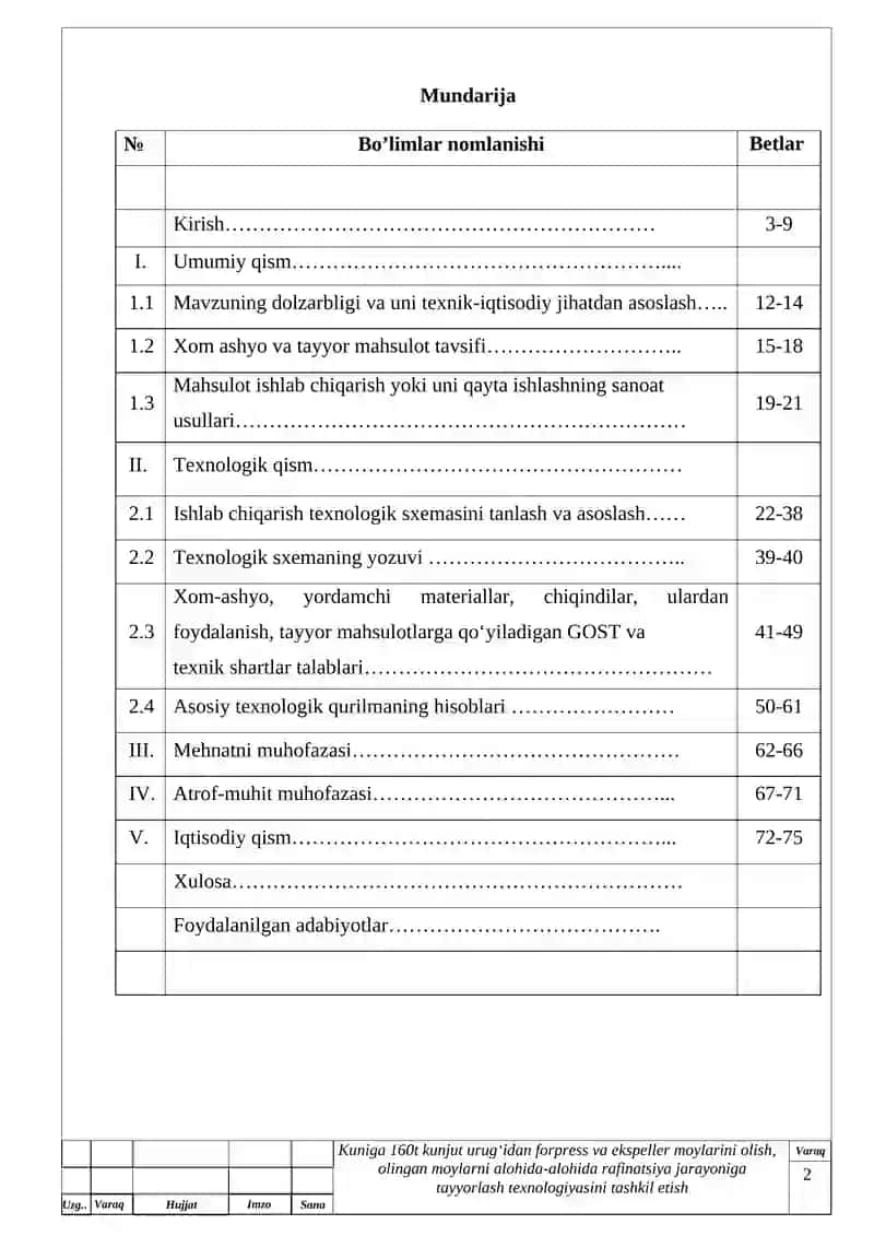 Sutkasiga 160 t kunjut urug’idan forpress va ekspeller moylarini olish , olingan moylarni alohida-alohida rafinatsiya jarayoniga tayyorlash texnologiyasini tashkil etish 2