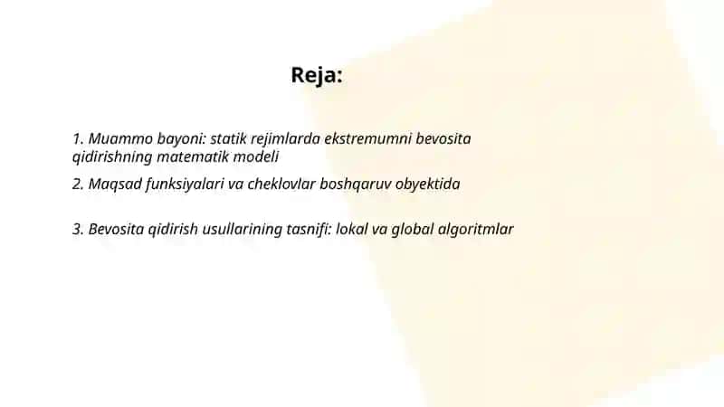 Boshqaruv obyektida ekstremumni bevosita qidirishli statik rejimlarni optimmalashtirish algoritm lari 2