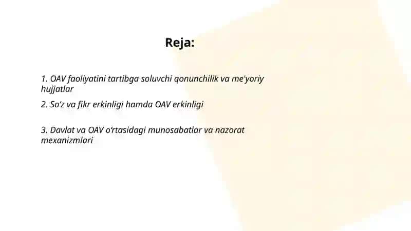 OAV faoliyatini tartibga soluvchi qonunchilik va me'yoriy hujjatlar 2