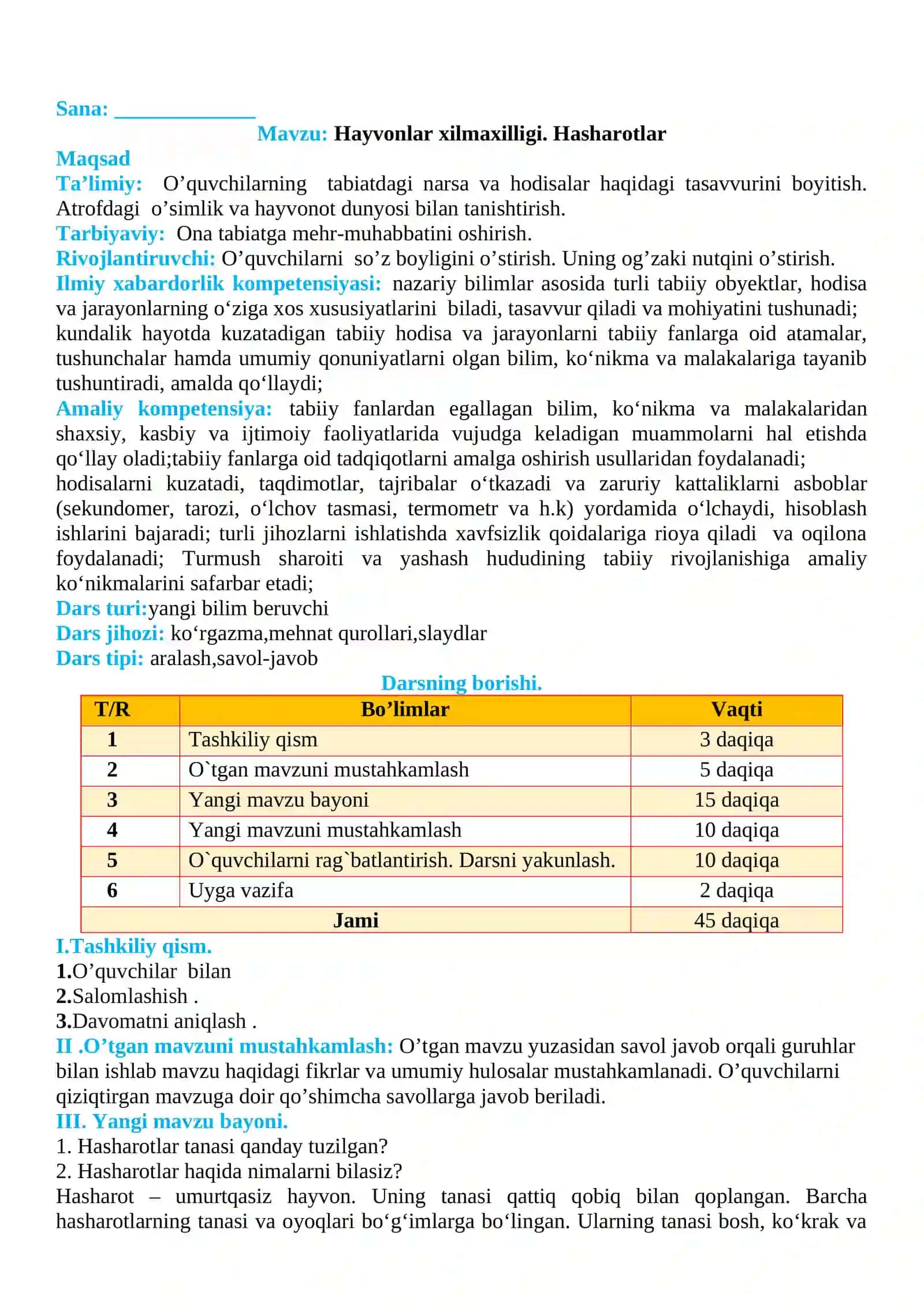 3-sinf Tabiiy fan (Science) Hayvonlar xilma-xilligi. Hasharotlar mavzusida dars ishlanma 2