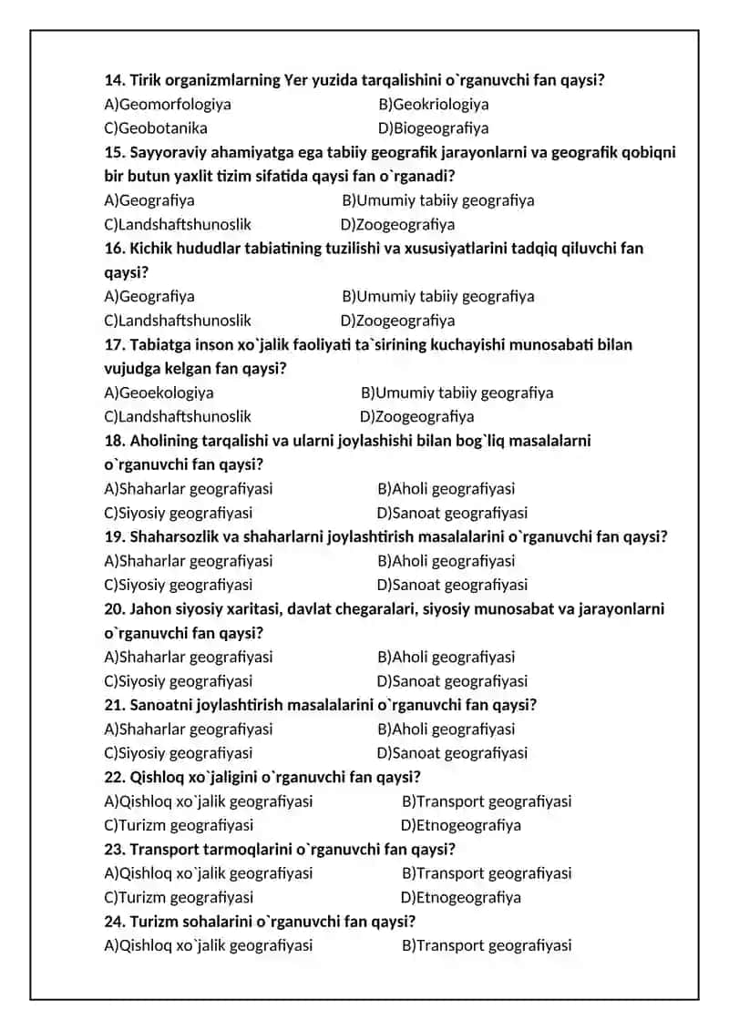 10-sinf. Geografiya mavzulashtirilgan test. 2