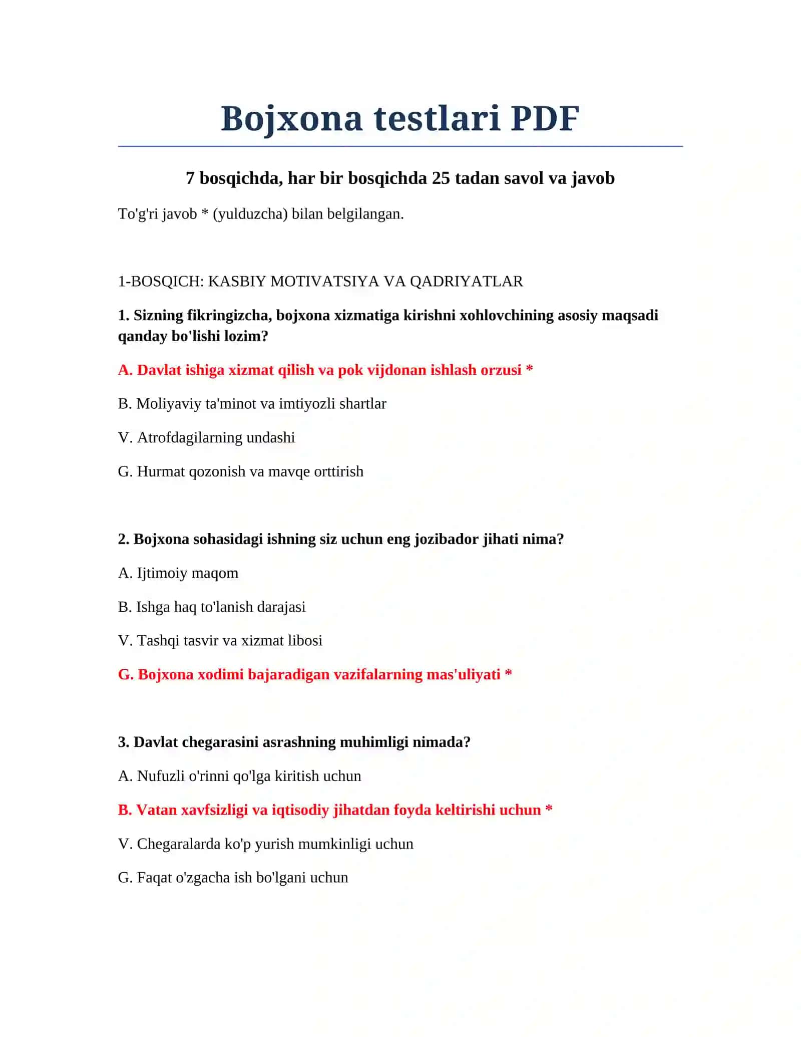 Bojxona testlari PDF 2
