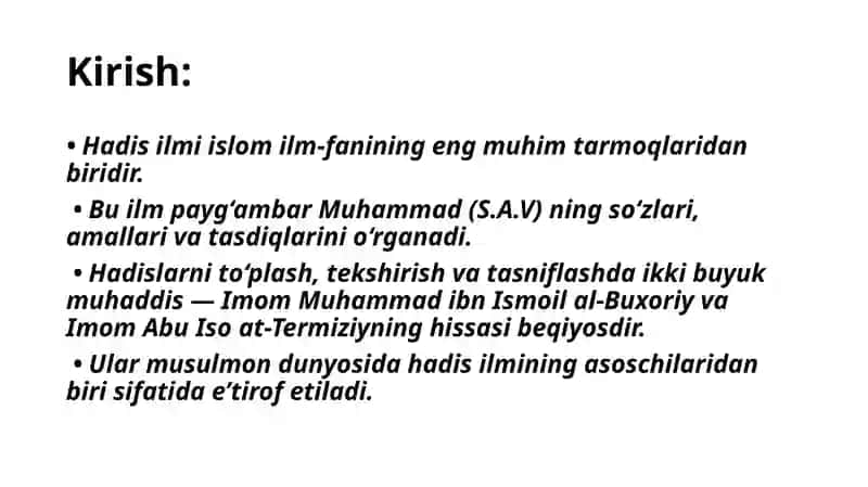 Imom Buxoriy va Imom Termiziyning hadis ilmiga qo'shgan hissalarining qiyosiy tahlili 2