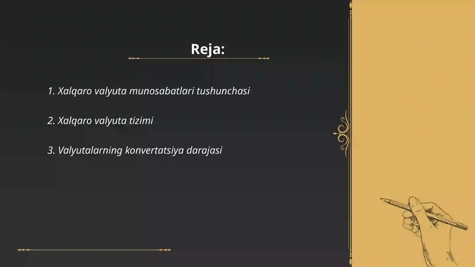 Xalqaro valyuta munosabatlari,t oʻlov balansi va uning tanqisligi Kerak emas - Reja: 1. Xalqaro valyuta munosabatlari tushunchasi 2. Xalqaro valyuta tizimi 3. Valyutalarning konvertatsiya darajasi 2