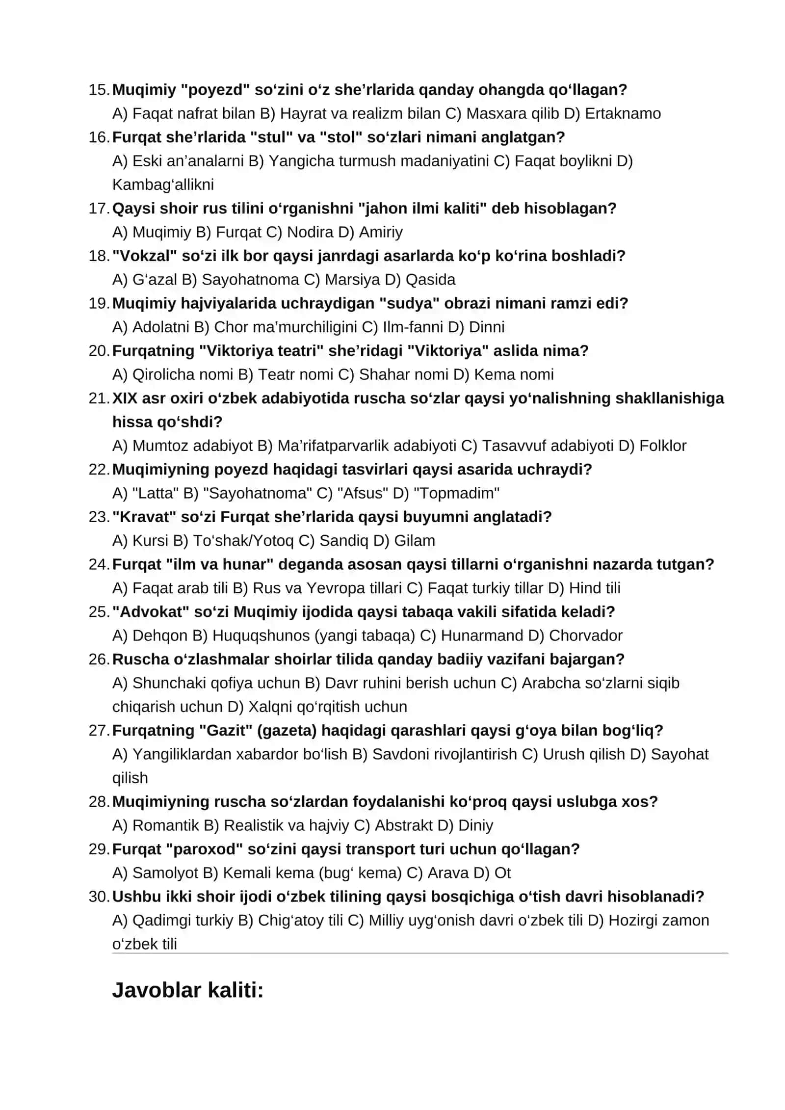 Furqat va Muqimiy ijodida ruscha o‘zlashmalar: Test 2