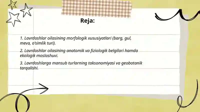 Ikki urugʻpallali oʻsimliklar sinfiga mansub oilalar: lavrdoshlar, toshyorardoshlar, zigʻirdoshlar oilalariga mansub oʻsimliklarning xarakterli xususiyatlari va tibbiyotdagi ahamiyati 2