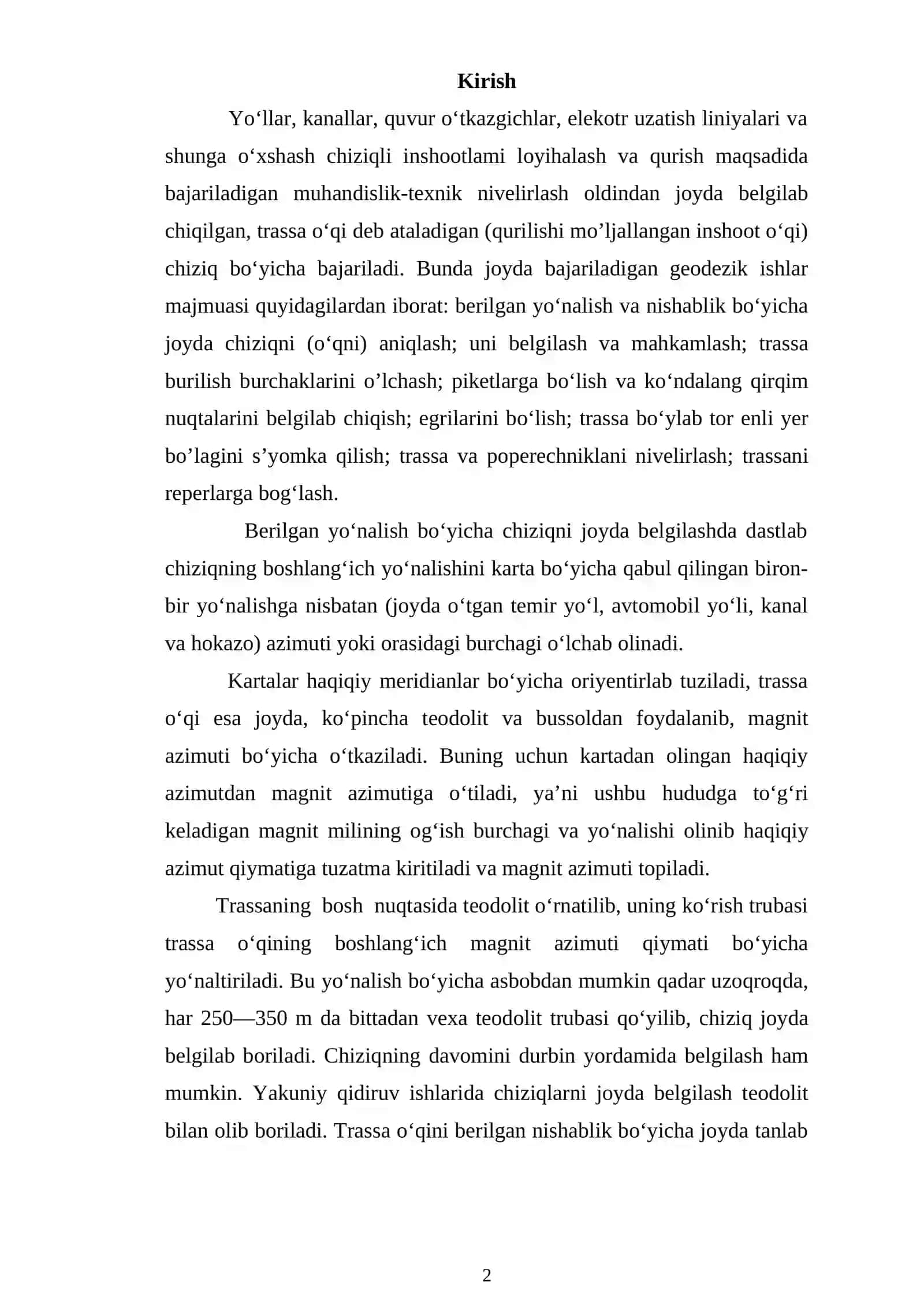 Trassa o`qini piketlar bo`yicha nivelirlash va reperlarga bog’lash 2