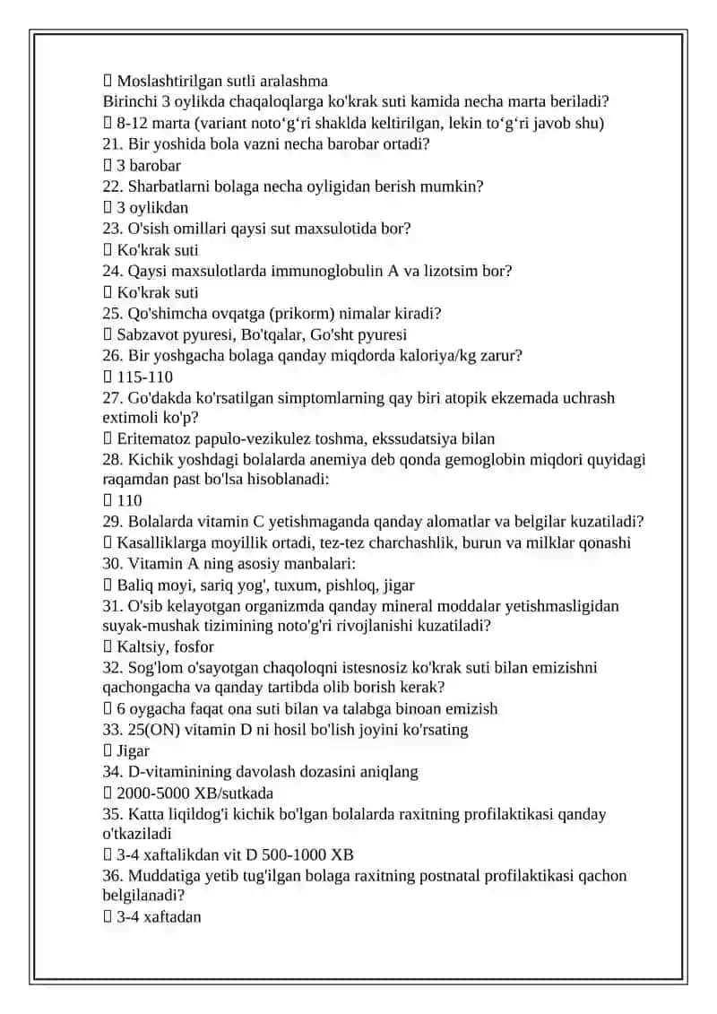 Umumiy pediatriya mutaxassisligi boʻyicha shakllantirilgan test savollari roʻyxati argos to'liq 2