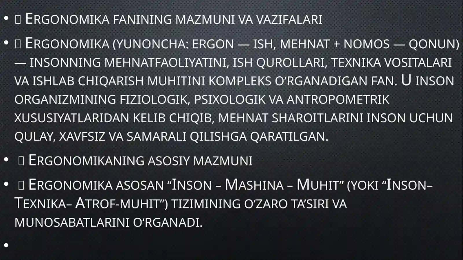 Faoliya Txavfsizligini ta'minlashning erganomik ko'rsatkichlarini tahlil qilish 2