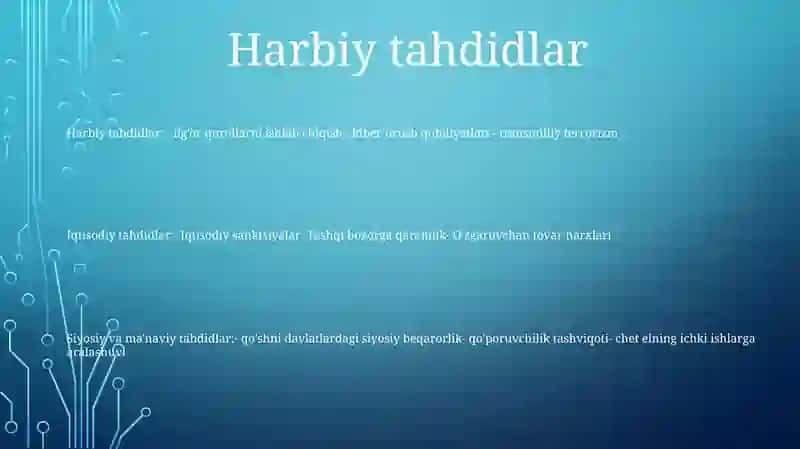 Xavfsizlikka Taxdid Soluvchi Harbiy,Iqtisodiy, Siyosiy Va MaʼNaviy Omillar Va Ularga Qarshi Kurash 2