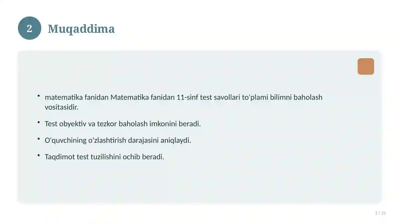 Matematika fanidan 11-sinf test savollari to'plami 2