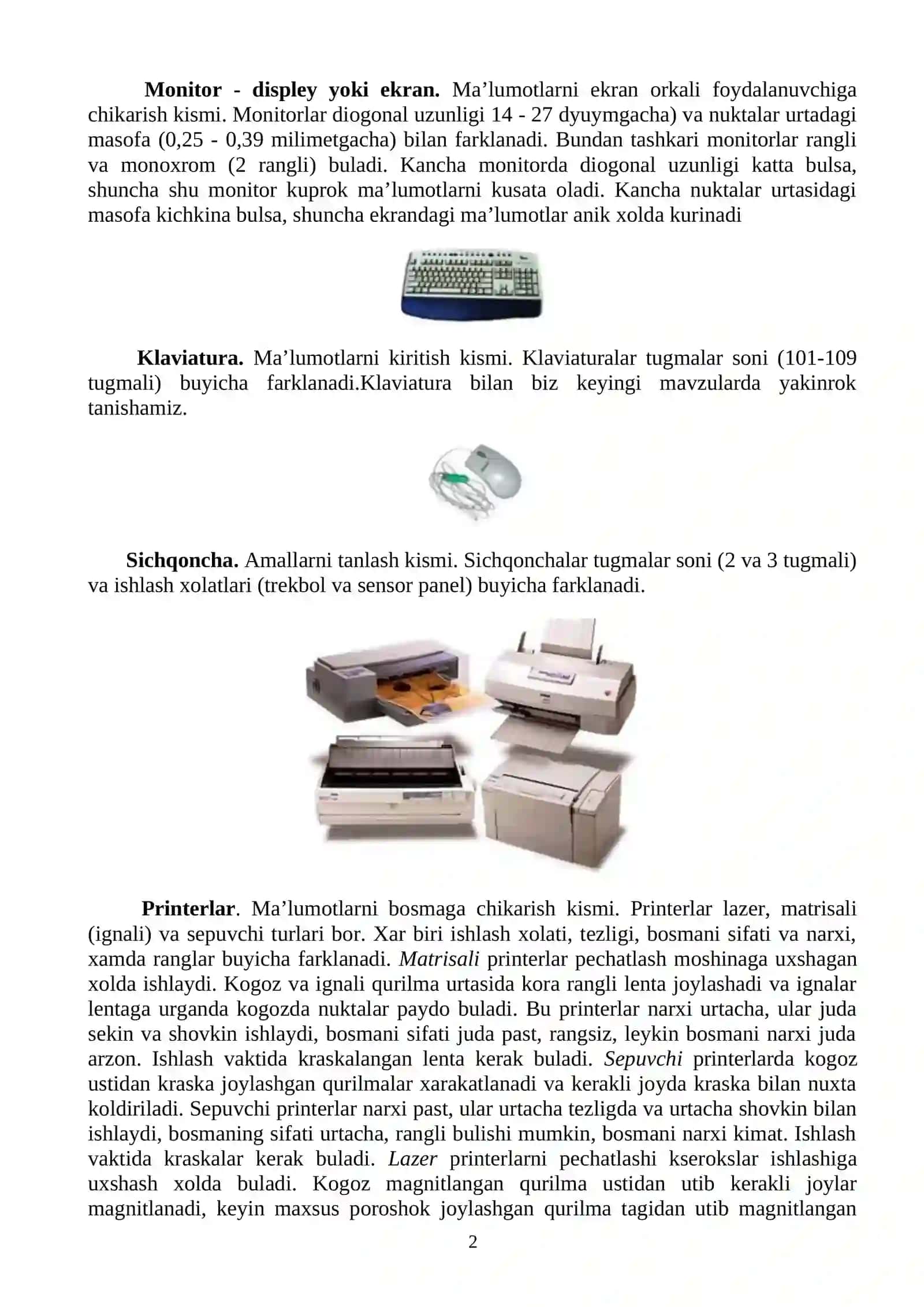 Shaxsiy EHM ning tarkibi. Klaviatura, printer va yordamchi qurilmalar 2