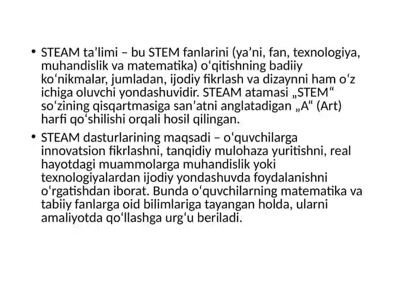 STEAM texnologiyasini qoʻllashda o’qituvchilarning kreativligi darslarda ulardan foydalanish metodikasi 2
