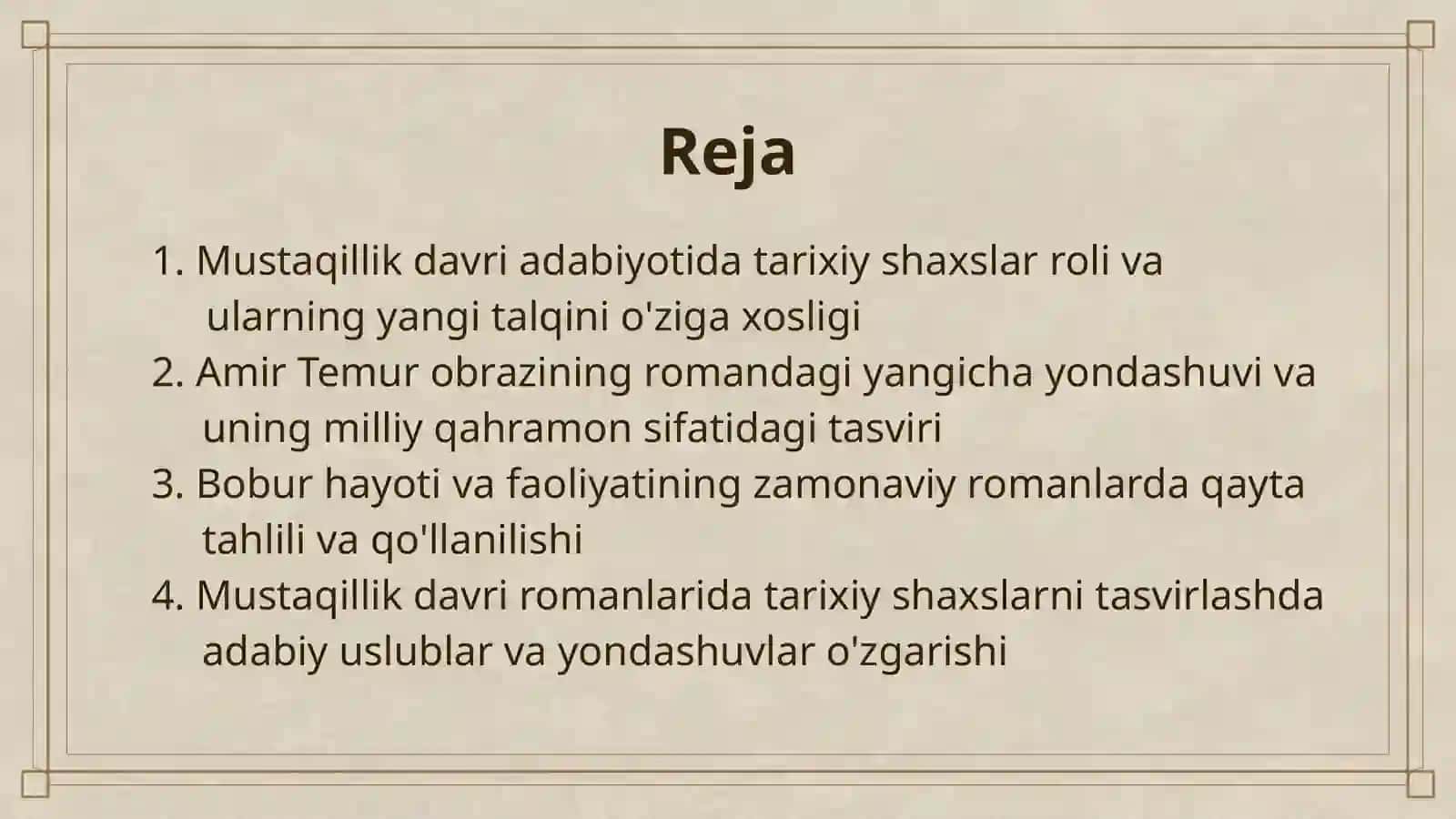 MUSTAQILLIK DAVRI ROMANLARIDA TARIXIY SHAXS TALQINI: AMIR TEMUR, BOBUR KABI SIYMOLARNING YANGICHA YONDASHUVDA TASVIRLANISHI 2