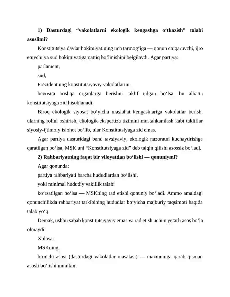 “Yashil Taraqqiyot” partiyasining ro‘yxatdan o‘tishi bilan bog‘liq huquqiy kazus 2