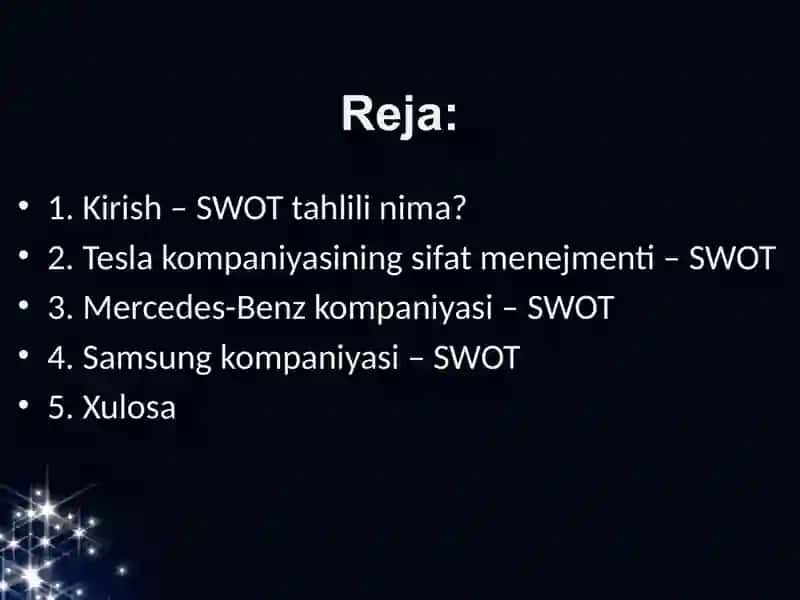 Muayyan korxonaning sifat menejmenti faoliyatini SWOT usulida tahlil qilish. 2