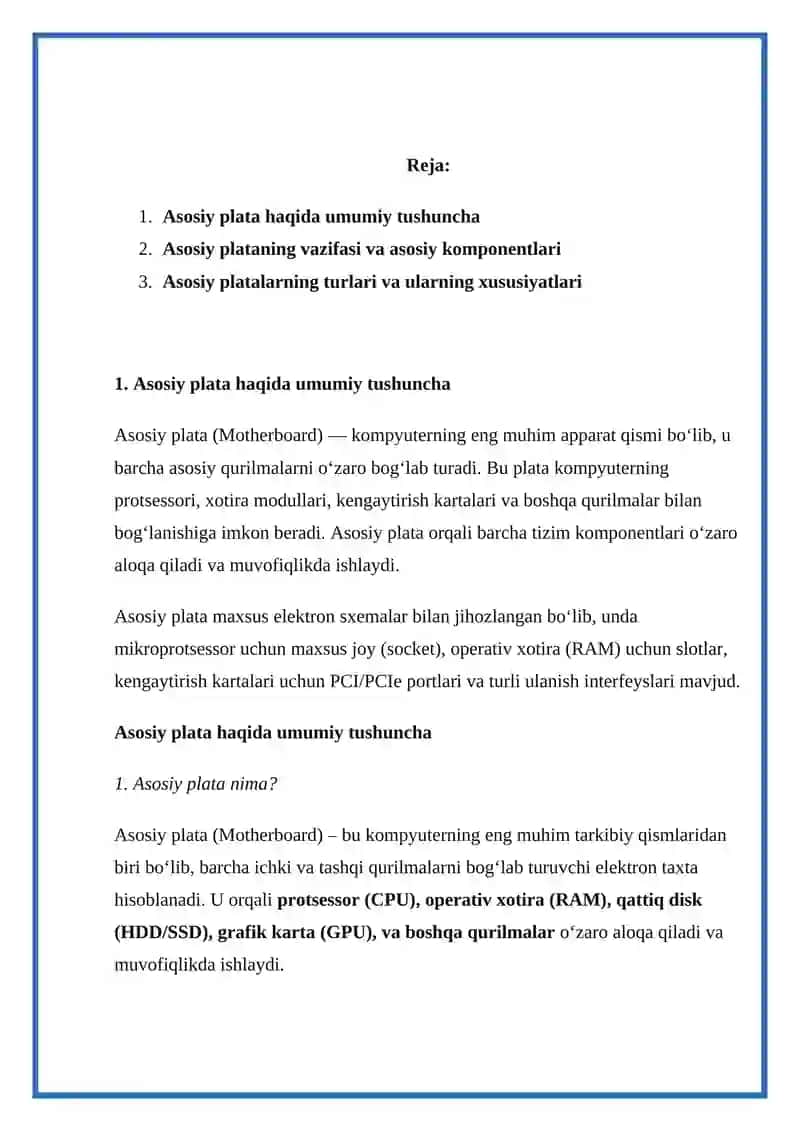 Asosiy plata qurilmasi vazifasi va turlari 2