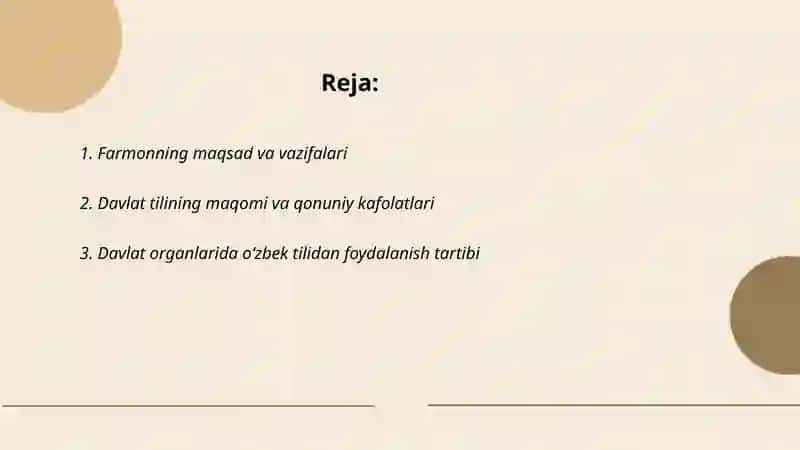 O‘zbekiston Respublikasi Prezidenti Sh.M.Mirziyoyevning “O‘zbek tilining davlat tili sifatidagi nufuzi va mavqeyini tubdan oshirish chora-tadbirlari to‘g‘risida”gi Farmoni 2