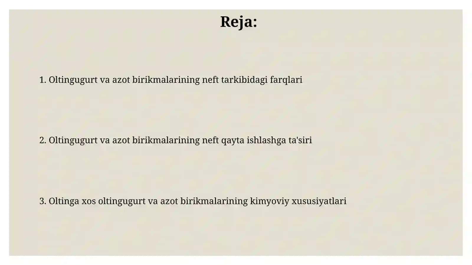 Neft tarkibidagi oltingugurt bitikmalarini azotli birikmalardan farqi 2