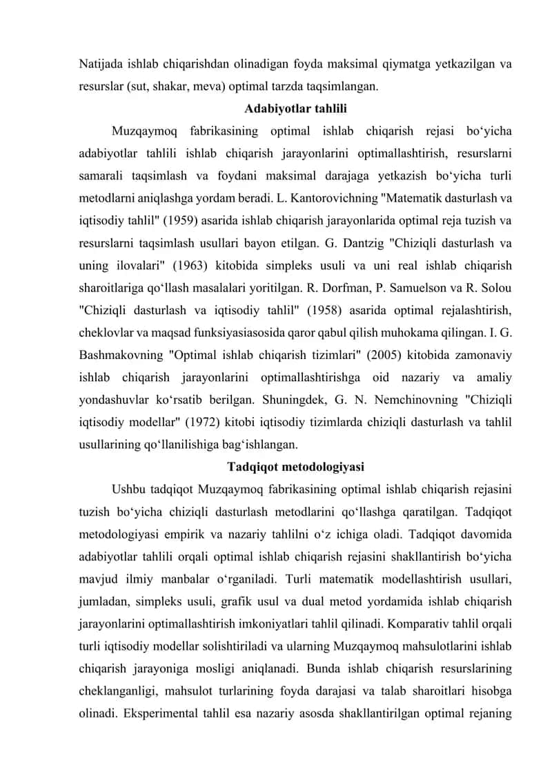 Muzqaymoq fabrikasi uchun Simpleks usuli orqali optimal ishlab chiqarish rejasi 2