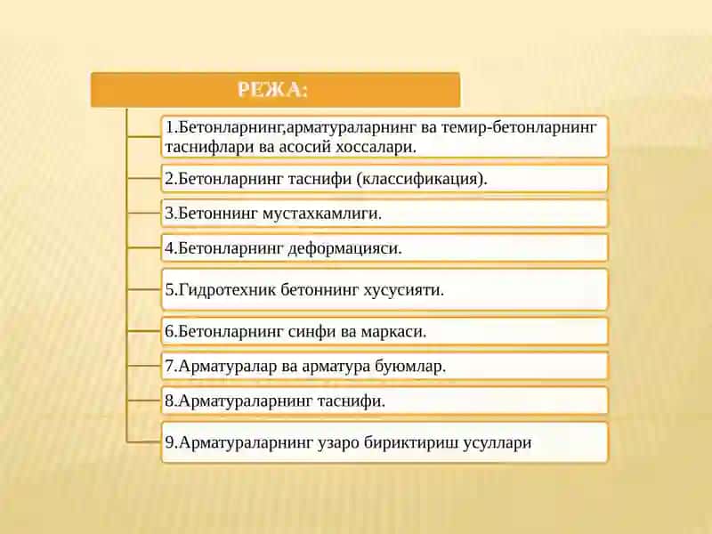 Темир-бетон конструкциялар тайёрлашда кулланиладиган бетон ва арматураларнинг хусусиятлари ва таснифлари 2