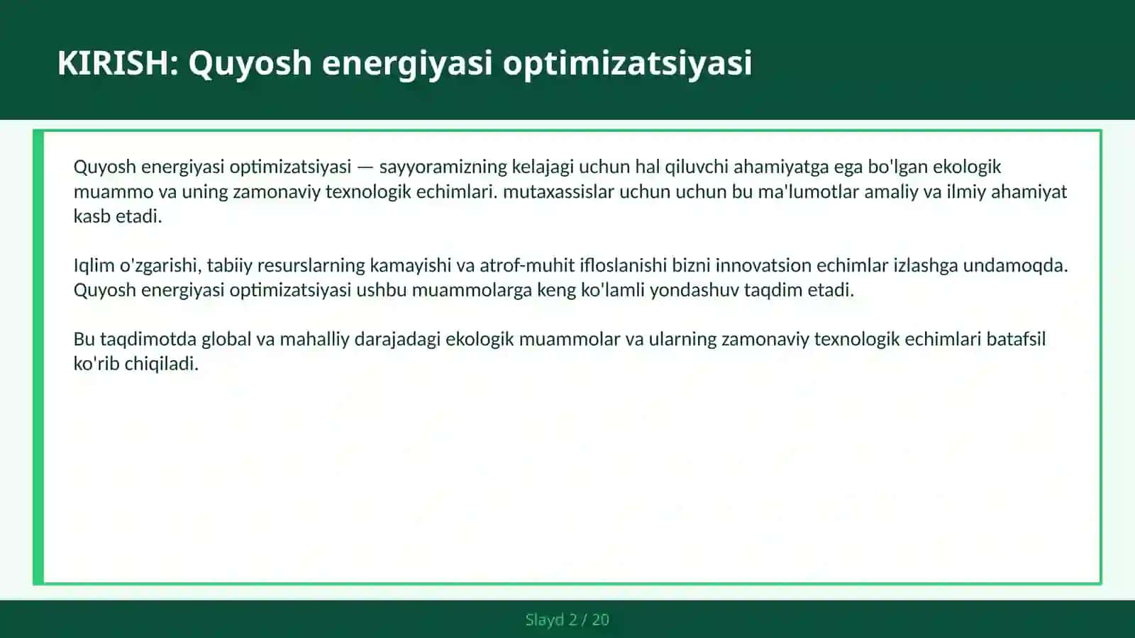 Quyosh energiyasi optimizatsiyasi 2