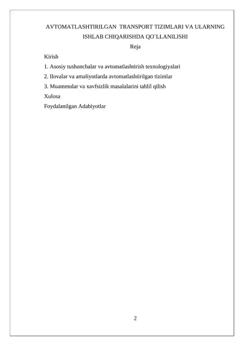 AVTOMATLASHTIRILGAN TRANSPORT TIZIMLARI VA ULARNING ISHLAB CHIQARISHDA QO`LLANILISHI 2