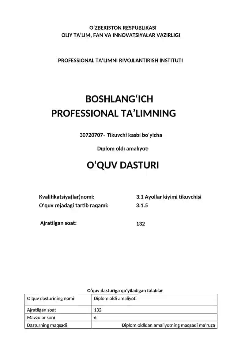 Tikuvchilik kasbi bo'yicha diplom oldi amaliyoti 2