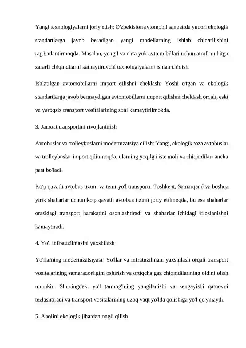 O'zbekistonda Atrof Muhit Ifloslanishida Transport Sohasi Ulushini Kamaytirishda Amalga Oshirilayotgan Ishlohatlar 2