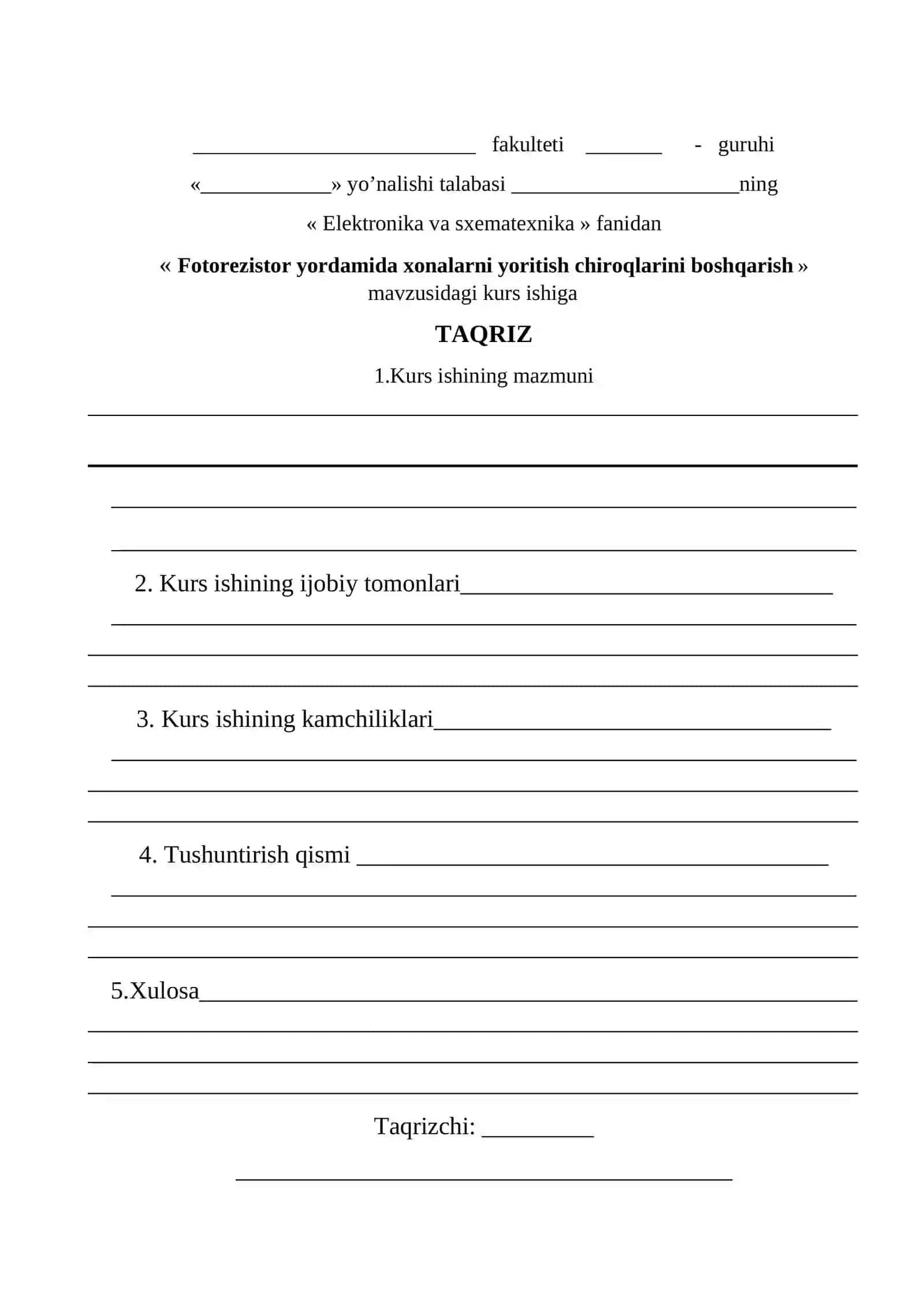 Fotorezistor yordamida xonalarni yoritish chiroqlarini boshqarish kurs ishi 2