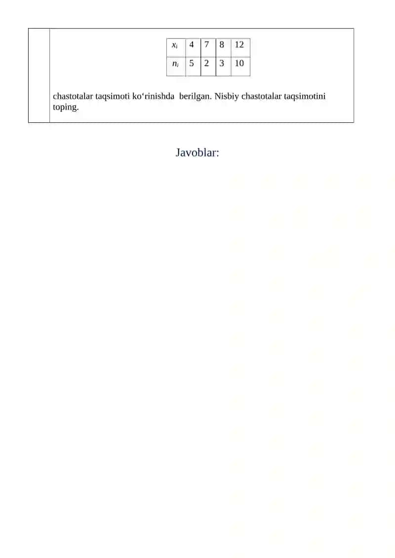 Ehtimollar nazariyasi va matematik statistika fanidan amaliyotdan shaxsiy topshiriq ishi 2