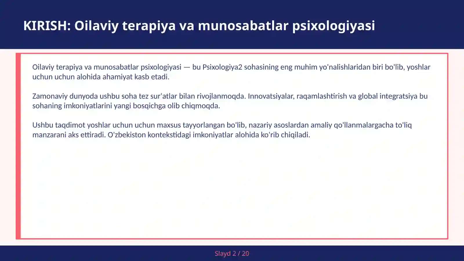 Oilaviy terapiya va munosabatlar psixologiyasi 2