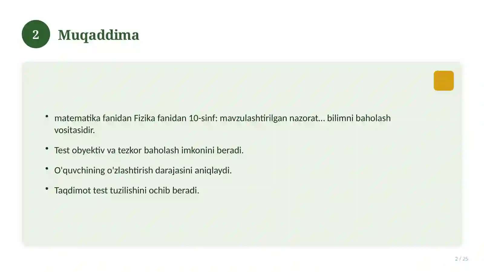 Fizika fanidan 10-sinf: mavzulashtirilgan nazorat ishi va tahlil 2