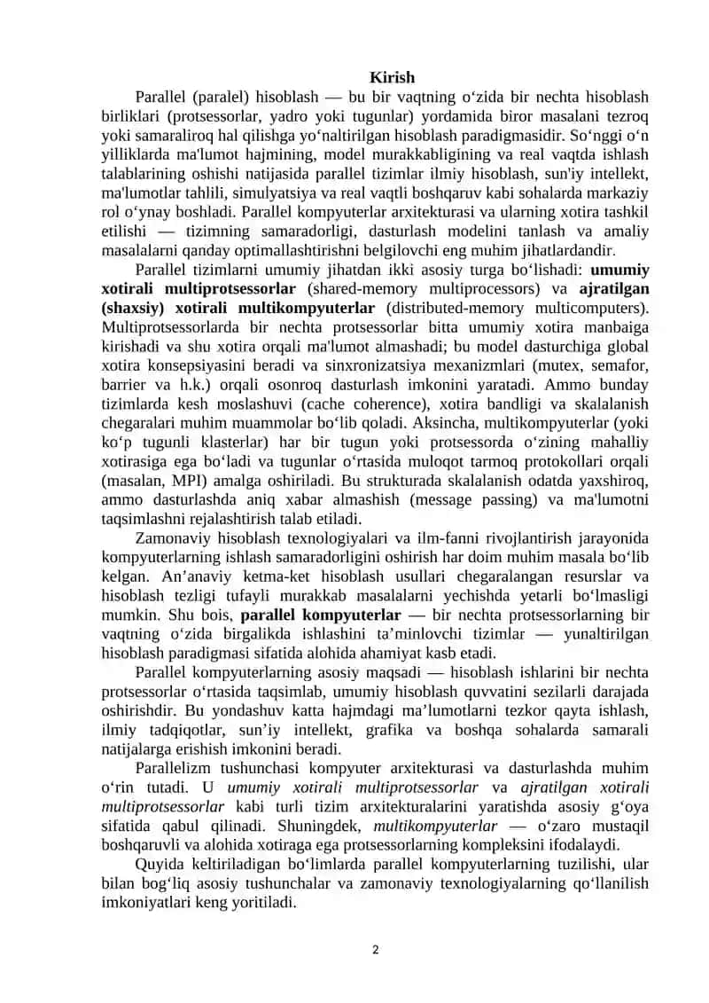 Parallel kompyuterlar: umumiy va ajratilgan xotirali multiprotsessorlar va multikompyuterlar 2